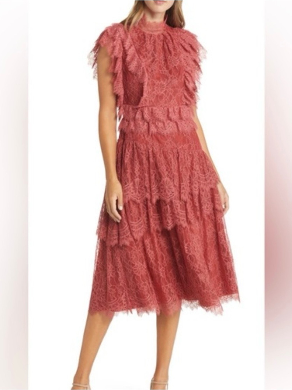 Rachel Parcell Dusty Rose Lace Tiered Midi Dress